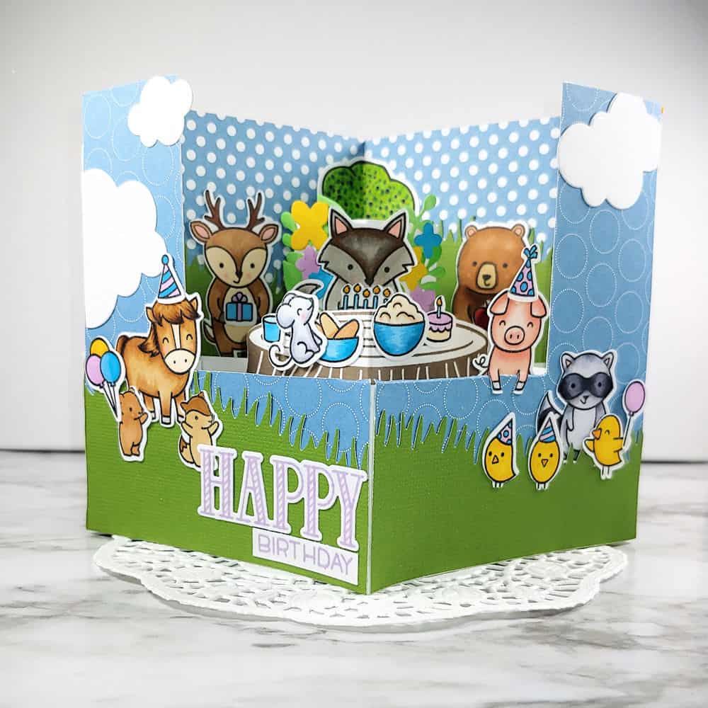 3d box card full front of completed card using Lawn Fawn stamp sets