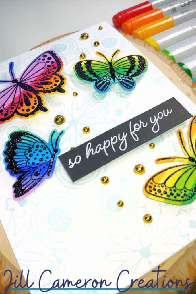 Black and Rainbow Butterflies Card using Copic Markers and Catherine Pooler Happy Butterflies and Bee Kind